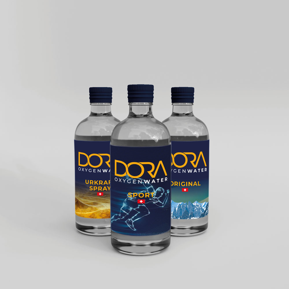 Dora Oxygen Water Verpackungen Glasflaschen